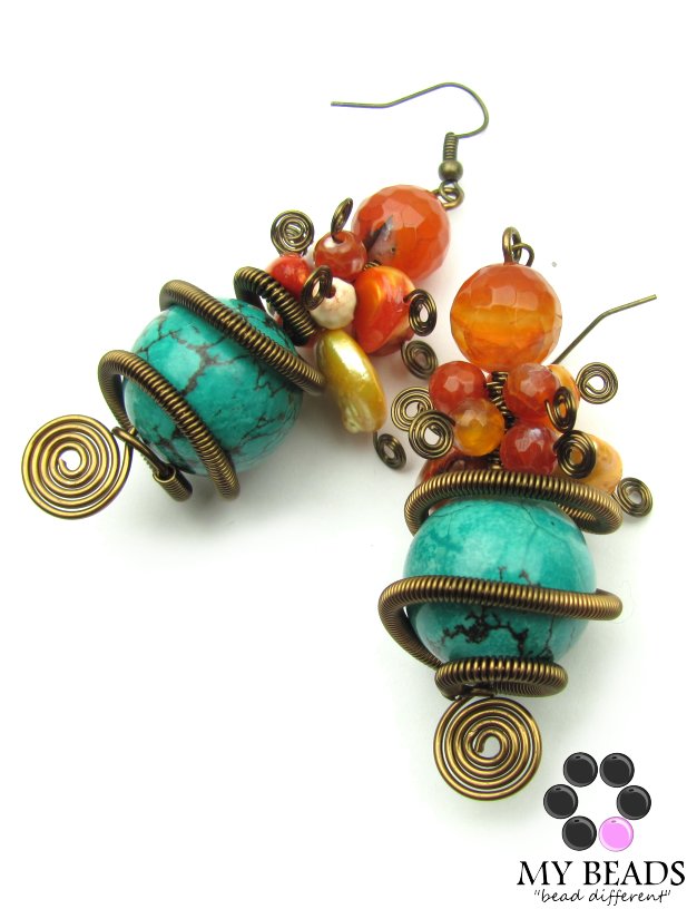 Turquoise & Fire Agate Coiled Earrings