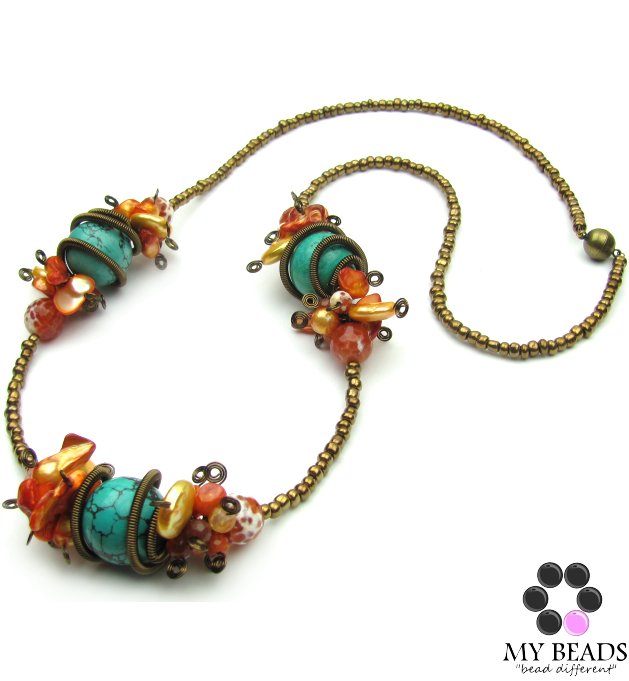 Turquoise & Fire Agate Coiled Necklace