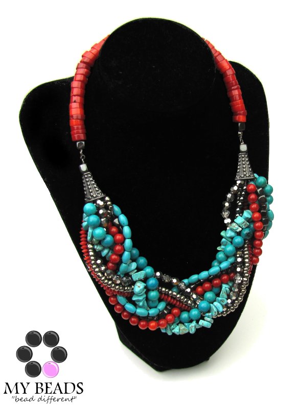 Turquoise & Coral Braided Necklace