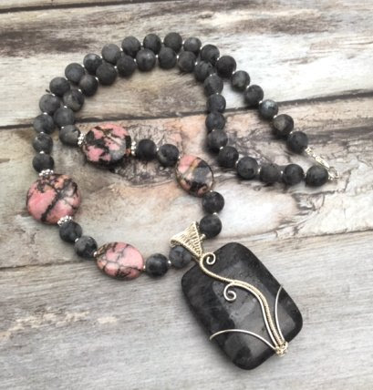 Rhodonite and Larvikite gemstone bead necklace project