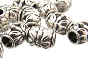 silver barrel beads with flower