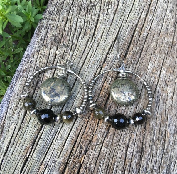 pyrite and golden obsidian beads hoop earrings