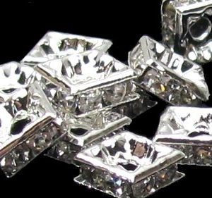 Silver Toned Diamante Rhinestone Square Beads - Clear 6mm [10pcs]