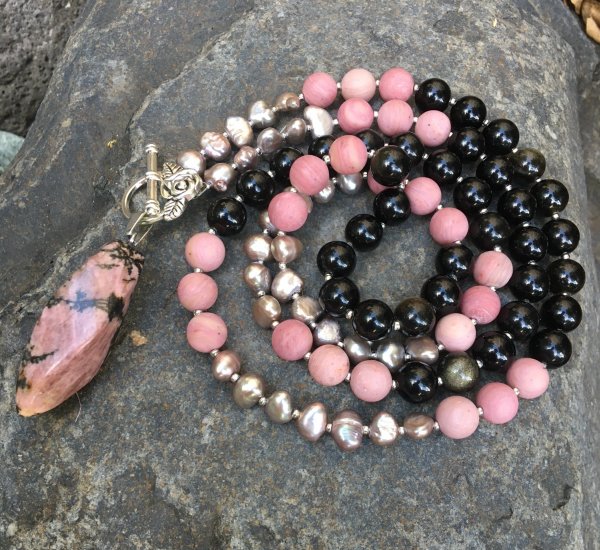 rhodonite and golden obsidian mala necklace