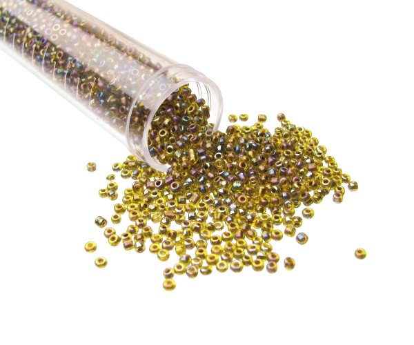 yellow peacock glass seed beads size 11/0