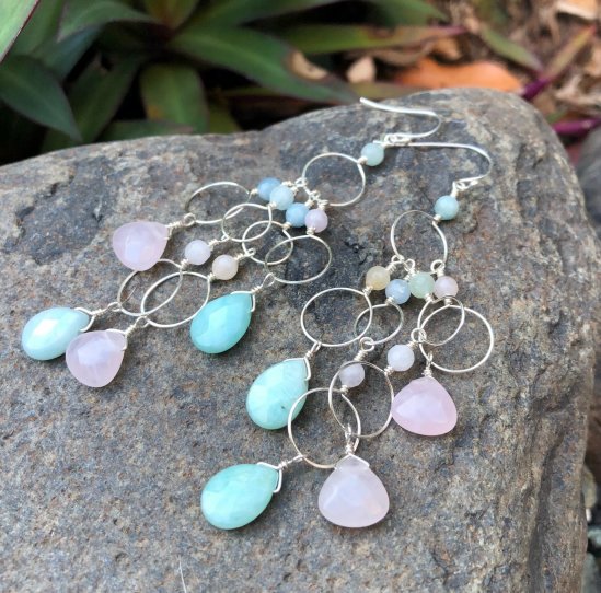 wire wrapped loops earrings with amazonite and morganite
