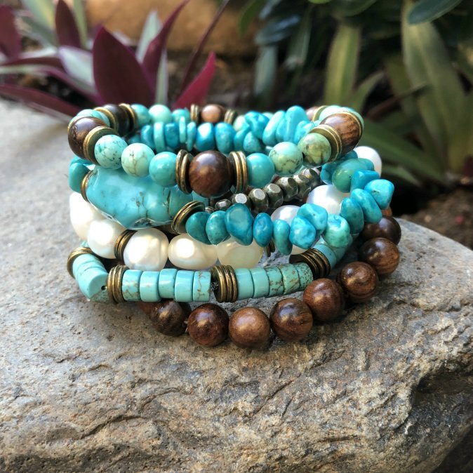 stacked turquoise, wood and freshwater pearl bracelets