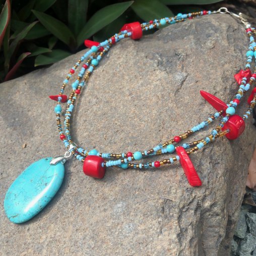 Turquoise Coral Flower Pendant Necklace with Black Seed Beads, - Ruby Lane