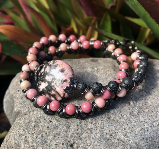 natural rhodonite and lava gemstone beads wrap bracelet tutorial