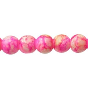 Bright Pink & Cream Marble Glass Round Beads – 6mm [strand]