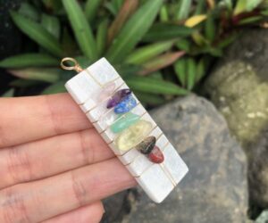 selenite gemstone pendant with chakra crystals