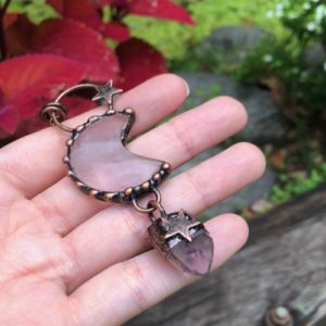 rose quartz and amethyst moon copper pendant