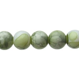 Green Swirl on White Marble Glass Round Beads – 8mm [strand]