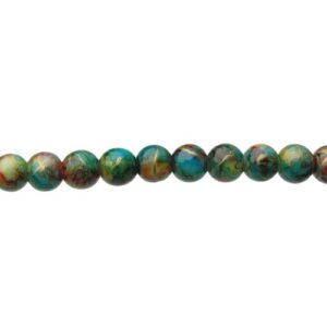 Teal & Brown Marble Glass Beads w/ Gold Swirl – 8mm [strand]
