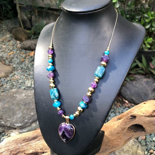 amethyst and apatite gemstone beaded necklace