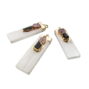selenite with amethyst and black tourmaline gemstone pendant