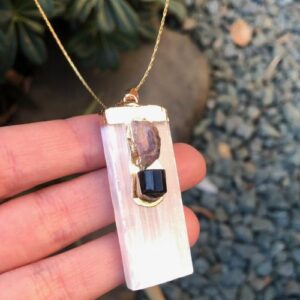 selenite with amethyst and black tourmaline gemstone pendant
