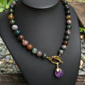 amethyst fancy jasper front closing necklace tutorial with lollipop crimps