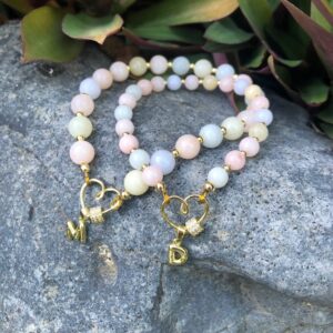 morganite jade mother's day bracelet set with gold initial charms