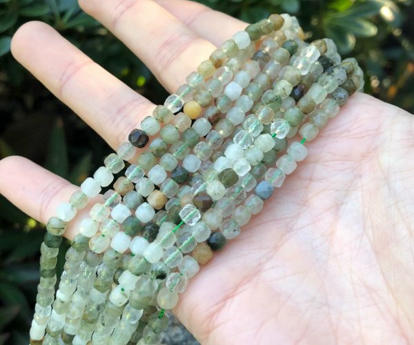 green rutilated quartz faceted cube gemstone beads